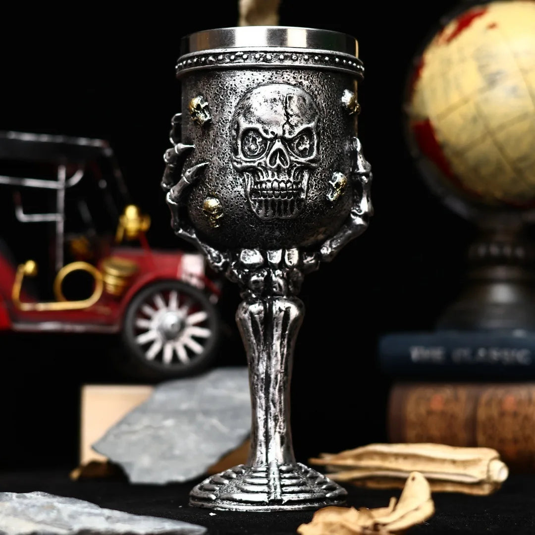 Silver Skull Goblet Stainless Steel Insert 3D Retro Gothic Fantasy Skeleton Wine Glass Halloween Beer Mug and Cup Halloween Gift