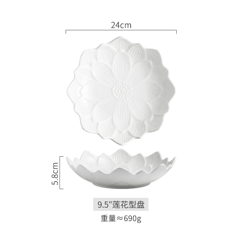 Chinese Lotus-like Ceramic Western Food Dish Household White Fruit Salad Bowl Dessert Plate Creative Restaurant Specialtableware