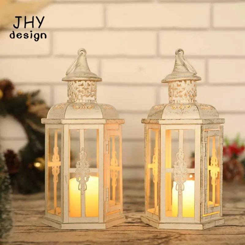2Pcs Decorative Candle Lanterns Vintage Hanging Lantern Candle Holder Metal Candleholder White with Gold Brush Home Decor