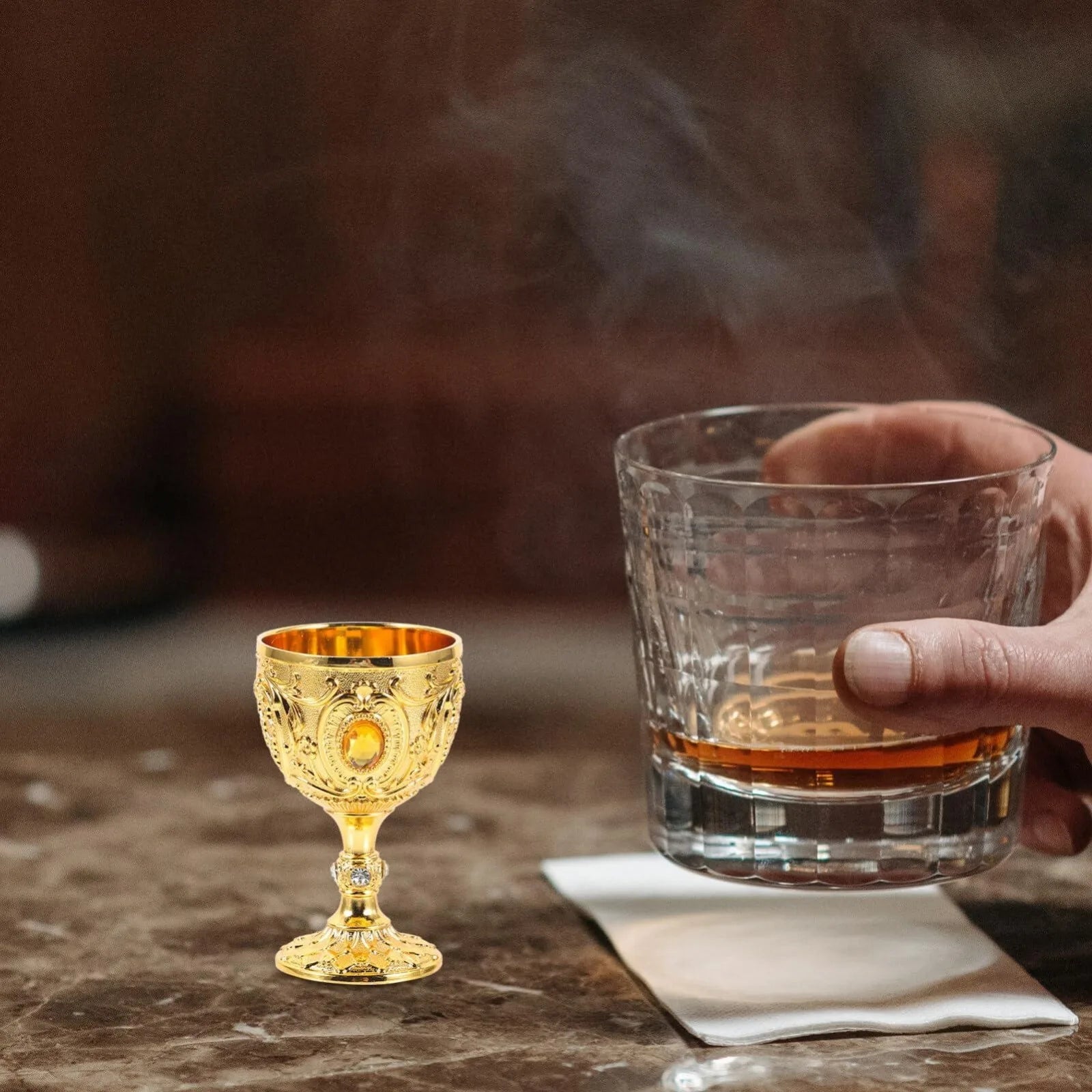 Mini Chalice, 30ML Gold Goblet Vintage Metal Shot Glasses Tiny Embossed Wine Cup Wine Liqueur Cup for Home Bar