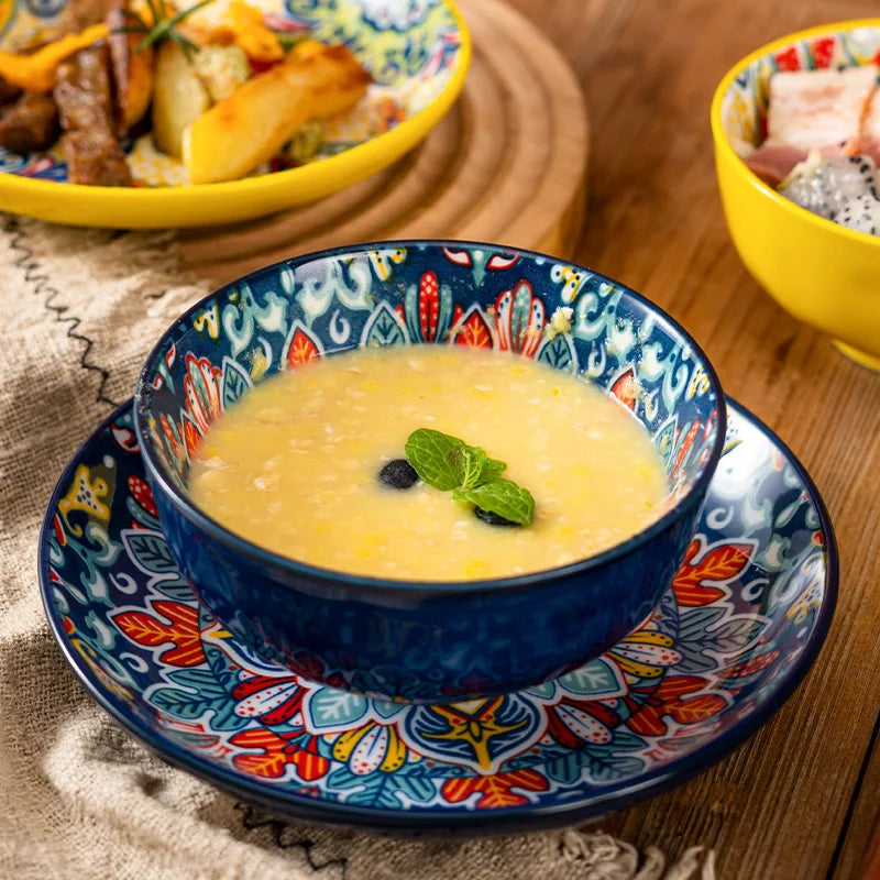 Ceramic Tableware Set Three-Piece Household Rice Bowl Plate Spoon Set Restaurant Hot Pot Barbecue Shop Commercial