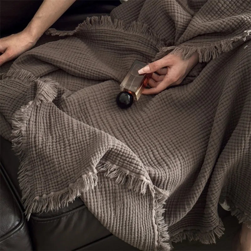 Cotton six layer wrinkled yarn fringe blanket for office nap, sofa cover blanket, high-end feeling pure cotton shawl blanket