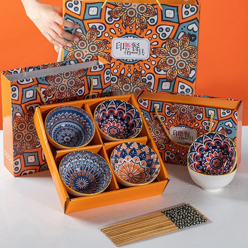 Bohemian creative handpainted ceramic tableware company opening gift kitchen supplies companion gift box bowl and chopsticks set