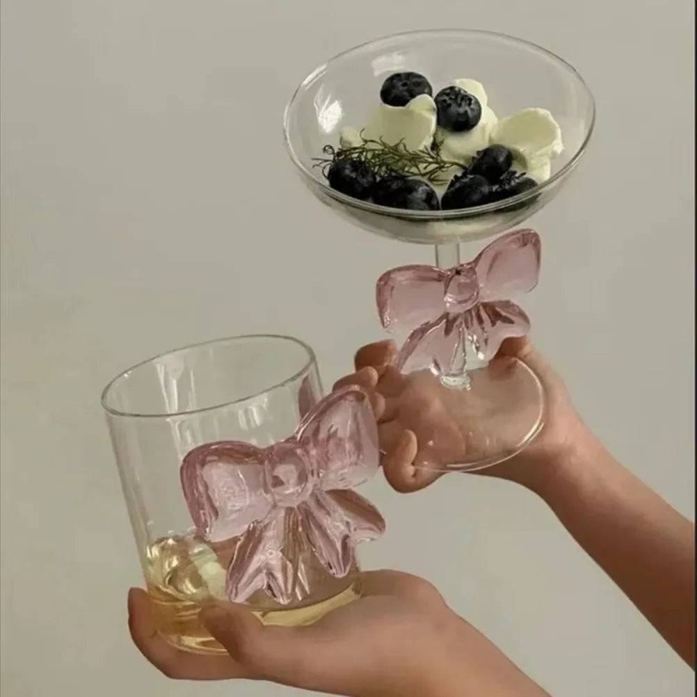 Pink Bow Glass Decor Glass Cup Goblet Bow Handle Glasses Heat-resistant High Borosilicate Dessert Ice Cream Bowl Festival Gifts