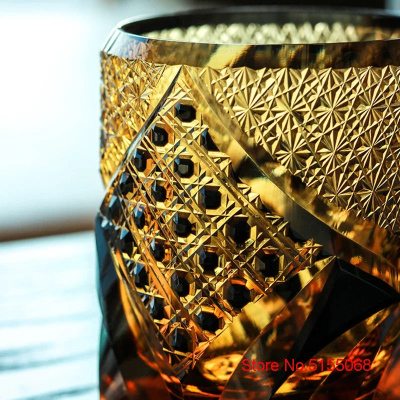 Japanese Black Warrior Armor Edo Kiriko Whisky Rock Glass Amber Crystals Whiskey Cup High-end Wine Glass Hand Cut Brandy Snifter