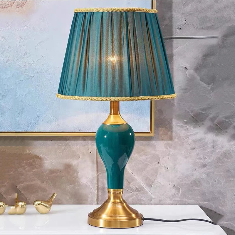 Chinese Style Green Ceramic Table Lamps European Cloth CoverModern Living Room Bedroom Bedside Study E27 Decor Table Lamp EU/AU/