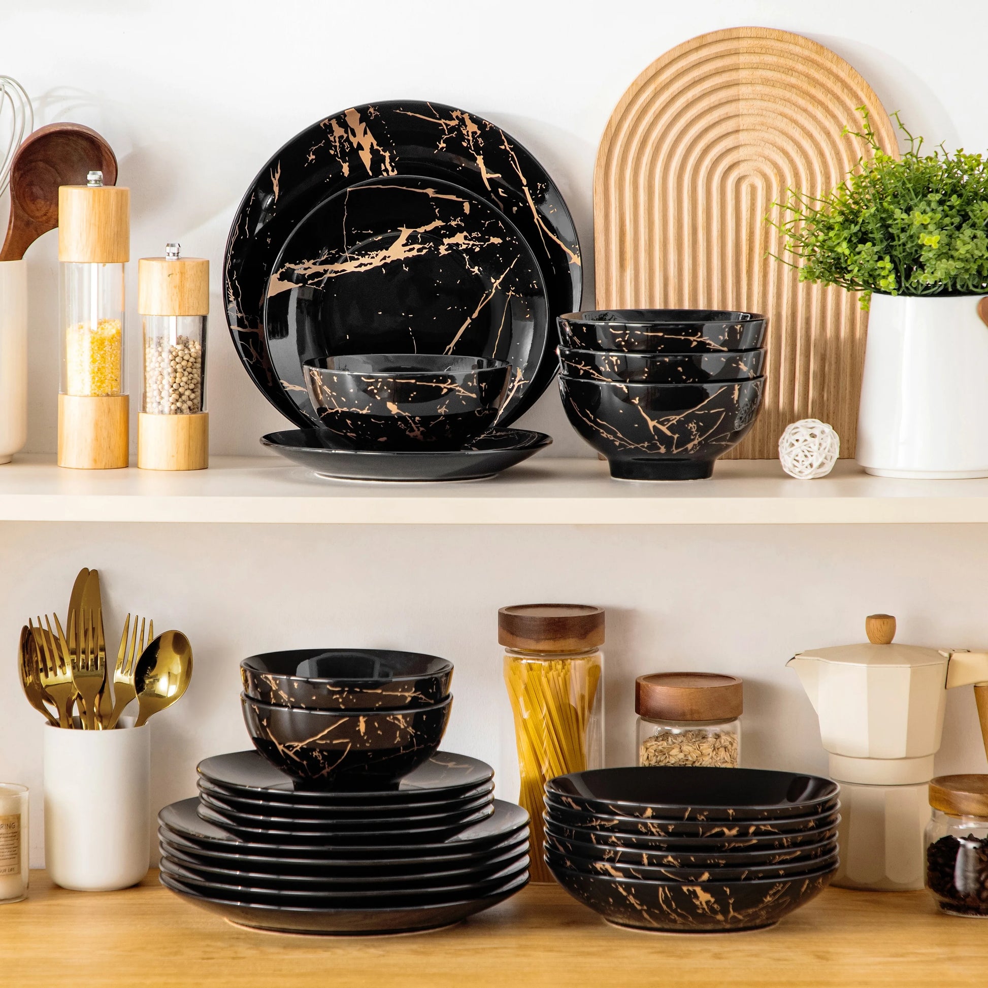 LOVECASA 24 Piece Gold Splash Glaze Dinnerware Sets Porcelain Plates Dinner Set with 6 PCS Dinner Plate/Dessert/Soup Plate/Bowl