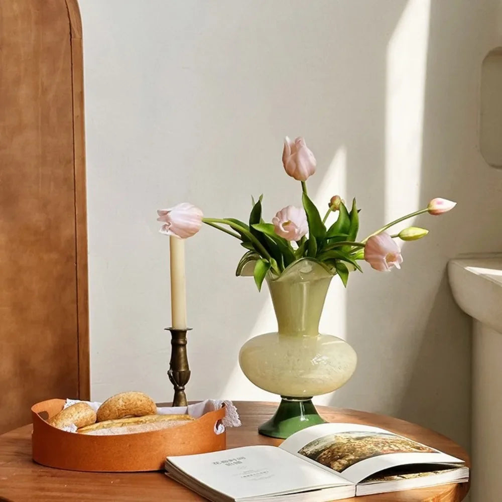 Vase Flower Arrangement Flower Vase Decoration Home Glass Color Matching Wind Lamp Middle-aged Style Green Fenton Glass Vase