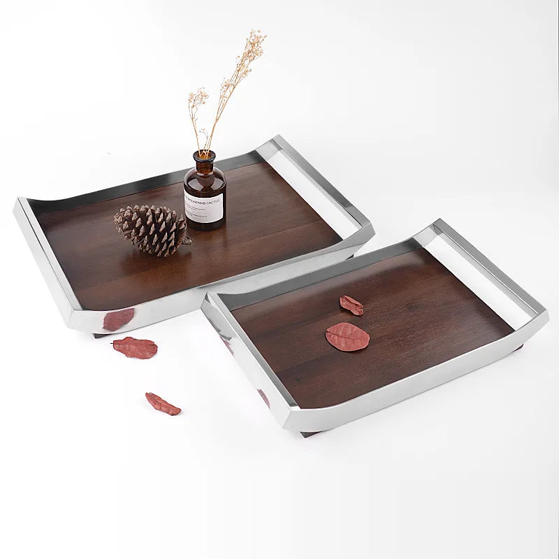 Mirror Stainless Steel Decorative Wooden Tray, Fruit Tray, Rectangular Metal Storage Tray with Handle, Desktop Storage Container