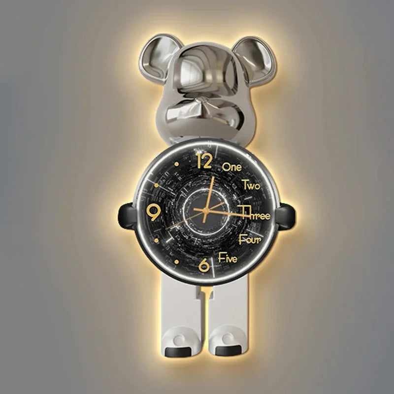 Trendy Bear Wall Clocks Living Room Led Light Wall Clocks Hanging Painting Modern Clock Luxury Entrance Clock Cartoon Brief