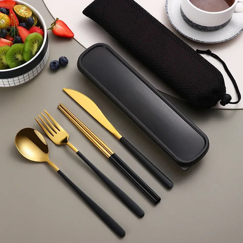 Portable Travel Utensils Set with Case Stainless Steel Knife Forks Spoons Chopsticks for Lunch Box Office Picnic Dinnerware Use
