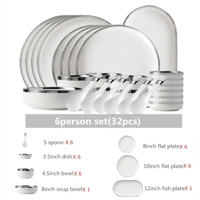 White Ceramic Plates With Silver Steak Serving Plate Bowls Ins Dinner Dish Porcelain Dinnerware Set For Family Hotel