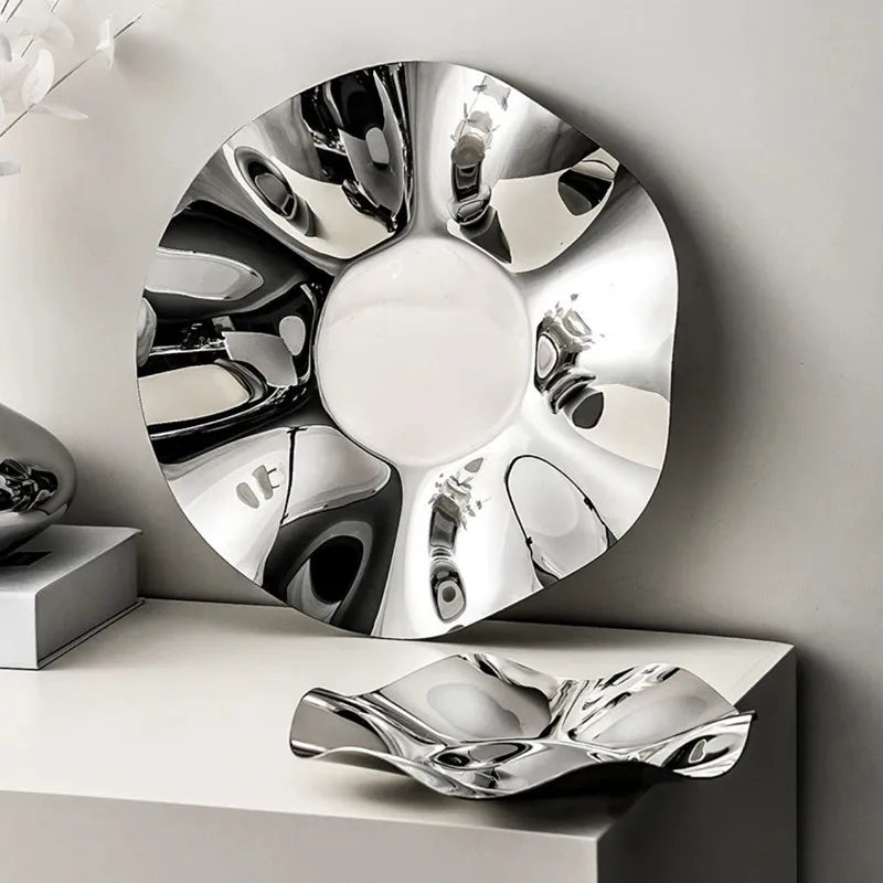 Deluxe Silver Stainless Steel Fruit Tray, Wavy Art Tray, Living Room Table Storage Box, Stainless Steel Decorative Tableware