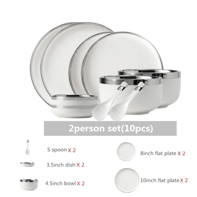 White Ceramic Plates With Silver Steak Serving Plate Bowls Ins Dinner Dish Porcelain Dinnerware Set For Family Hotel