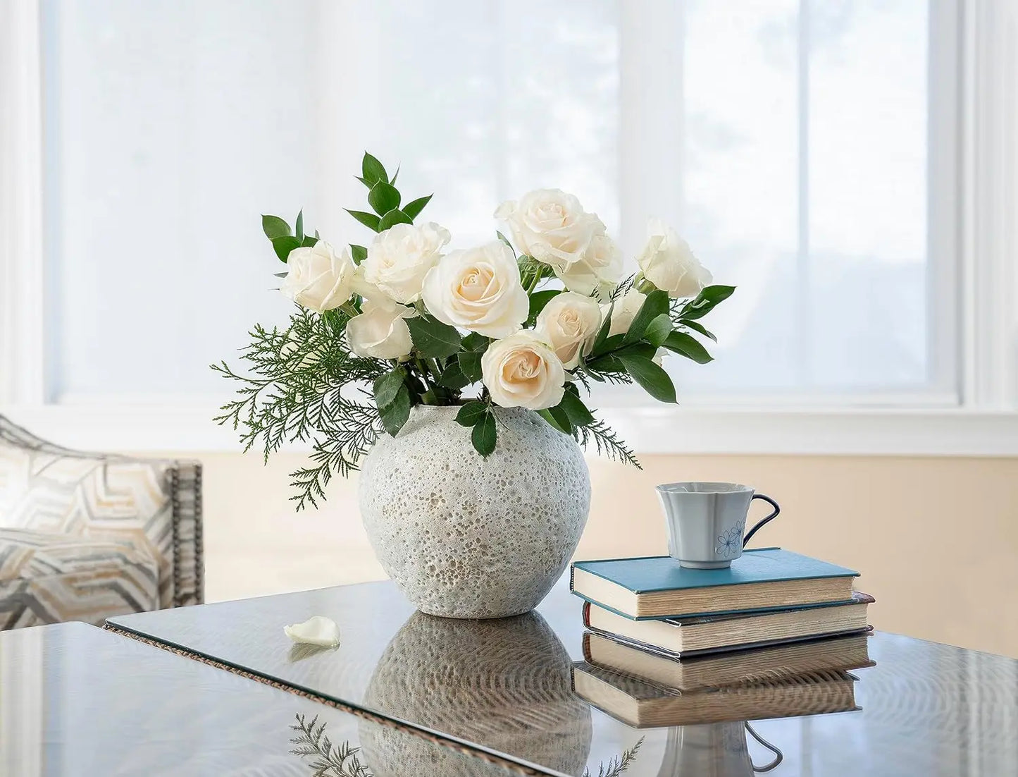 White Ceramic Vase Medium Textured Vase for Centerpieces, Kitchen, Living Room, Bedroom Decorative Gifts (8 x 8.5 x 8.5 inches)