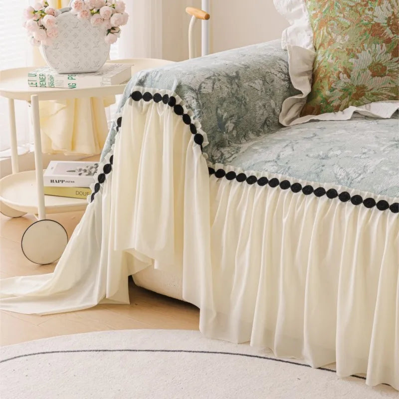 Autumn Universal Chenille Sofa Cover French Ruffled Edge Creamy Mats Aesthetic Flower Printed Anti-Slip Patchwork Couch Cushion