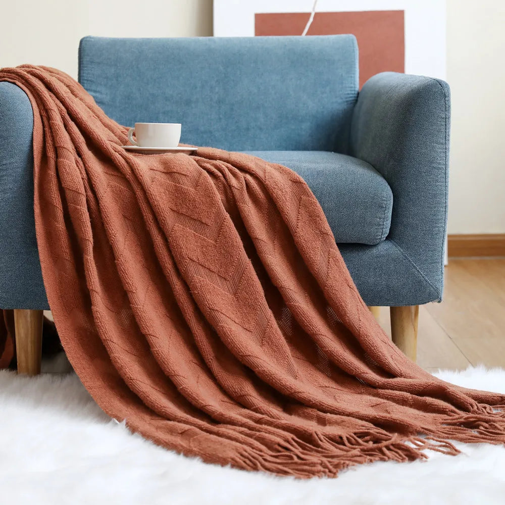 Fluffy Chunky Knitted Fringe Throw Blanket Lightweight Soft Cozy for Bed Sofa Chair Throw Blankets Gift Vintage Wave Blankets