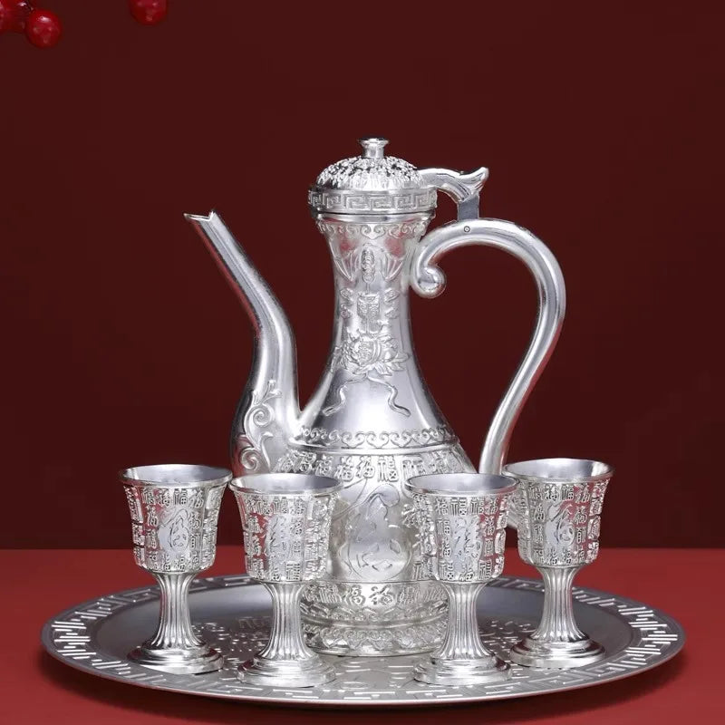 Baifu pure silver 99.9% nano electroplated silver wine set, creative wine glass and kettle set, creative home retro style wine