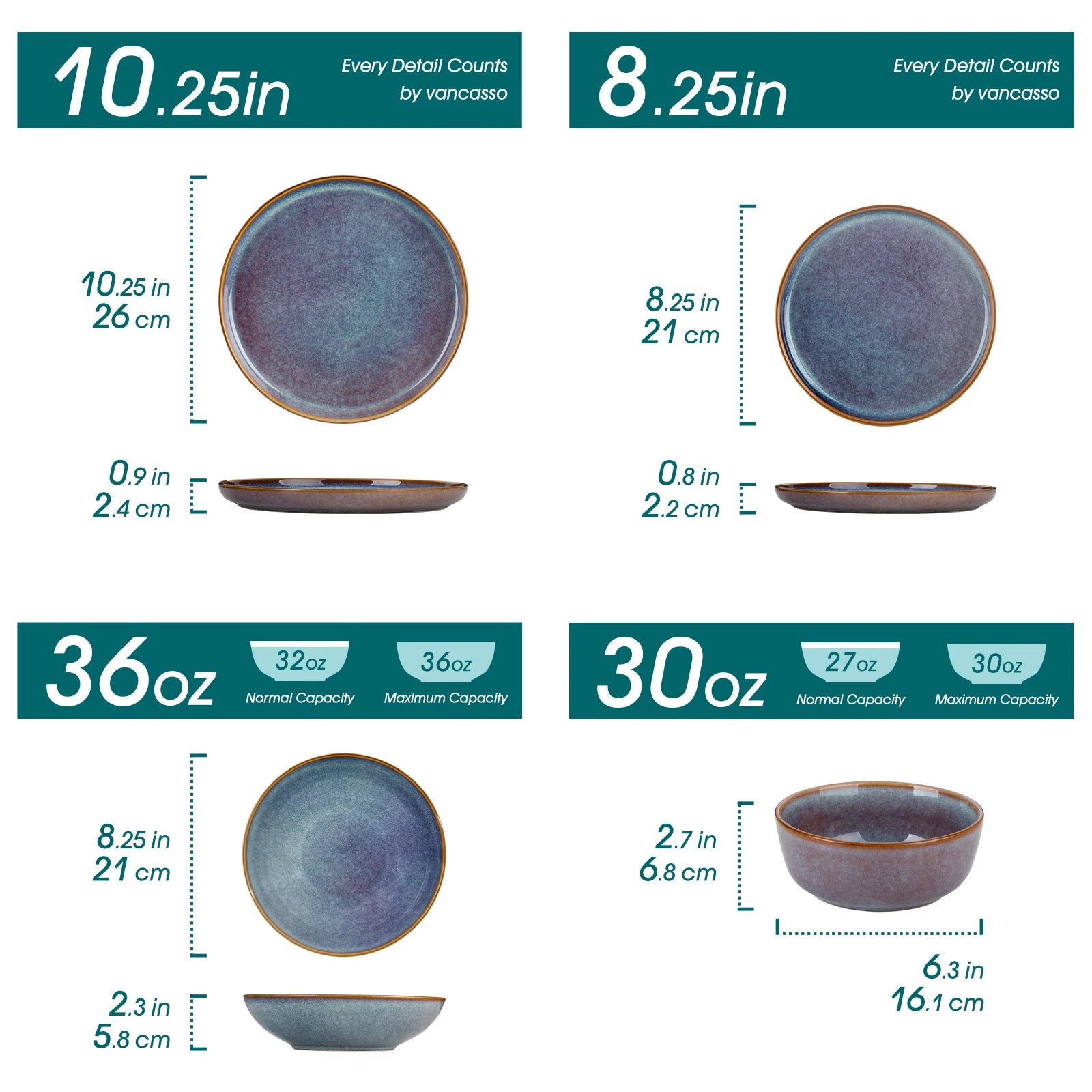 vancasso 12/16/18/24 Piece Grey-Blue Reactive Glaze Stoneware Plates Set Dinnerware Sets with 4/6 pcs Dinner Plate/Dessert/Bowl