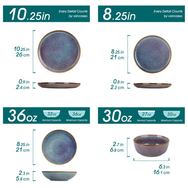 vancasso 12/16/18/24 Piece Grey-Blue Reactive Glaze Stoneware Plates Set Dinnerware Sets with 4/6 pcs Dinner Plate/Dessert/Bowl