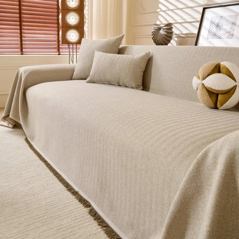 All-Season Universal Full Coverage Non-Slip Couch Imitation Llinen Solid Couch Camping Blanket Vintage Wave Pattern Sofa Cover