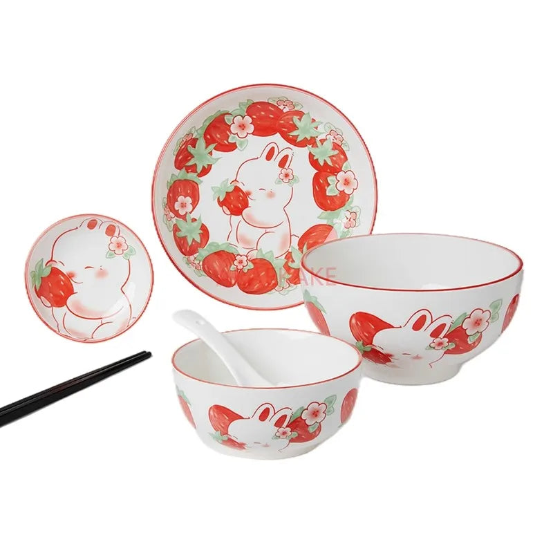 Strawberry and rabbit tableware set, underglaze color household ceramic cute rice bowls and plates