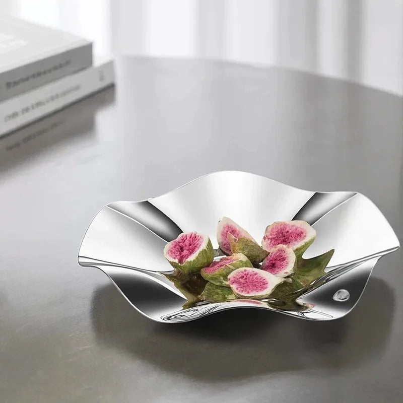 Deluxe Silver Stainless Steel Fruit Tray, Wavy Art Tray, Living Room Table Storage Box, Stainless Steel Decorative Tableware