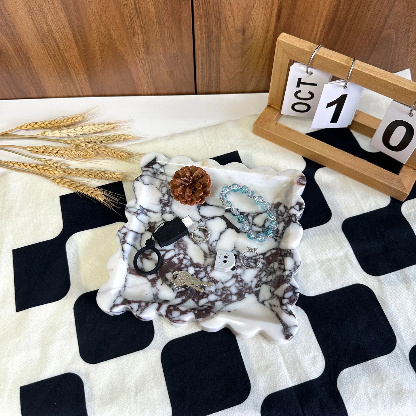 Decorative Travertine Tray, Square Scalloped Edge Natural Stone Jewelry Organizer, Home Decor Storage for Keys Rings Essentials