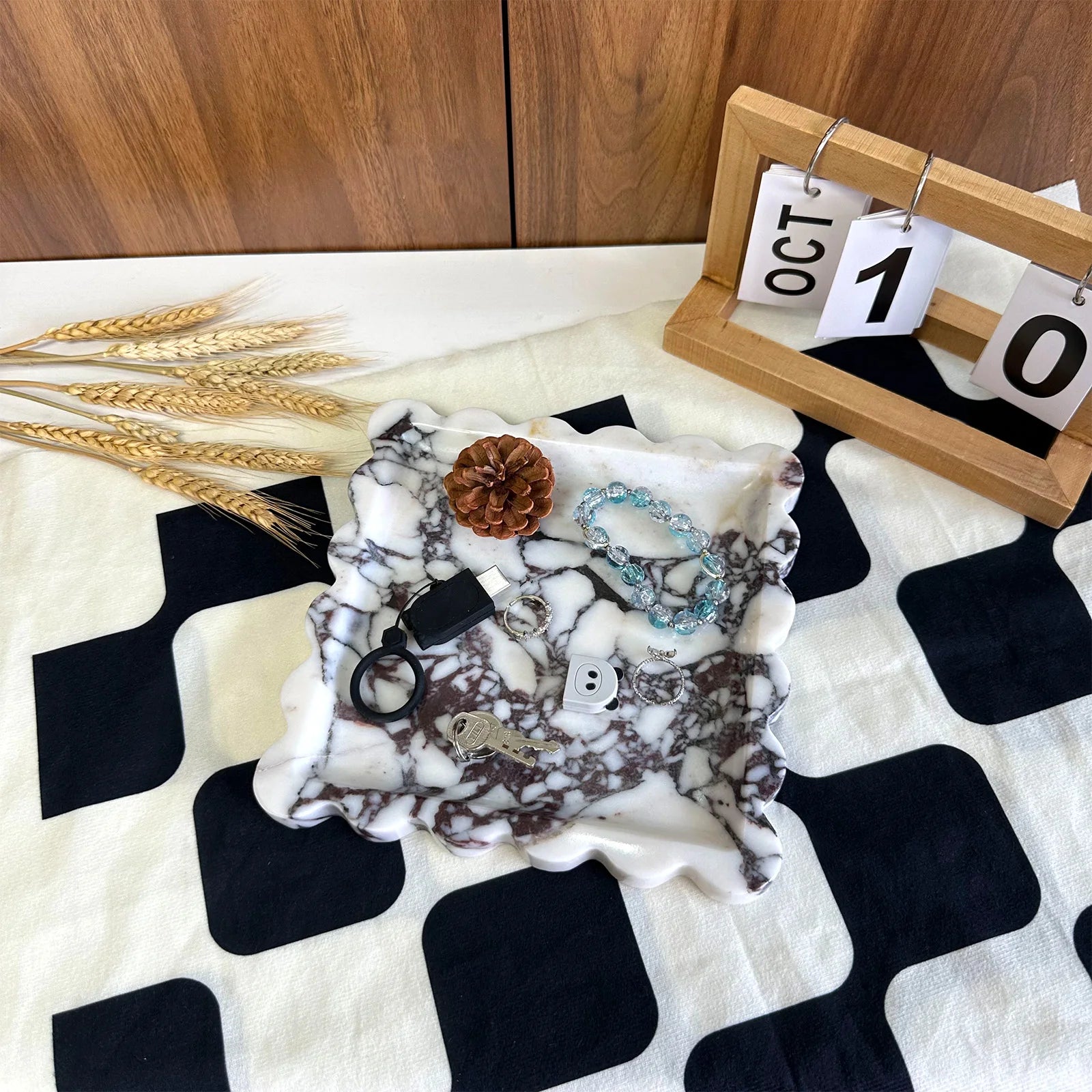 Decorative Travertine Tray, Square Scalloped Edge Natural Stone Jewelry Organizer, Home Decor Storage for Keys Rings Essentials