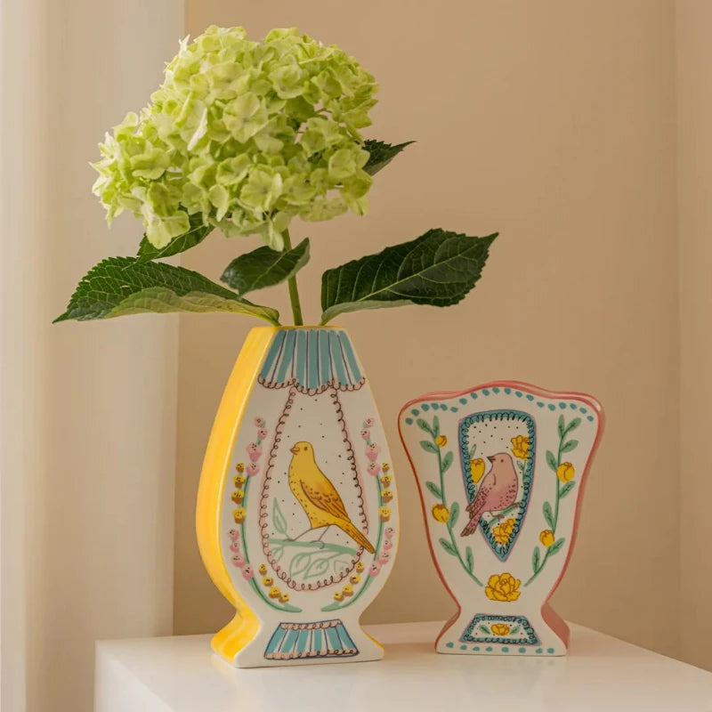 Nightingale Rose Ceramic Vase Prosperous Peach Blossom Double sided Hand drawn Vase Home Office Exquisite Decoration Bird Vase