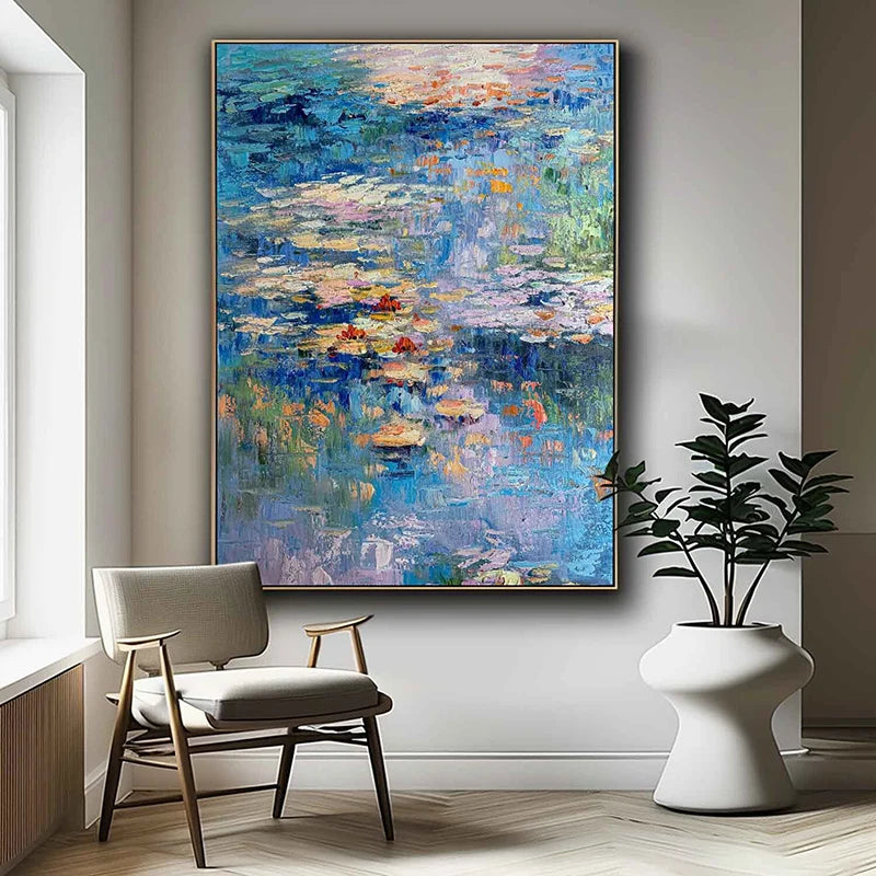 Monet Lotus Thick Texture Landscape Painting Pictures 100% Handmade Abstract Oil Painting Canvas Wall Art For Home Decoration