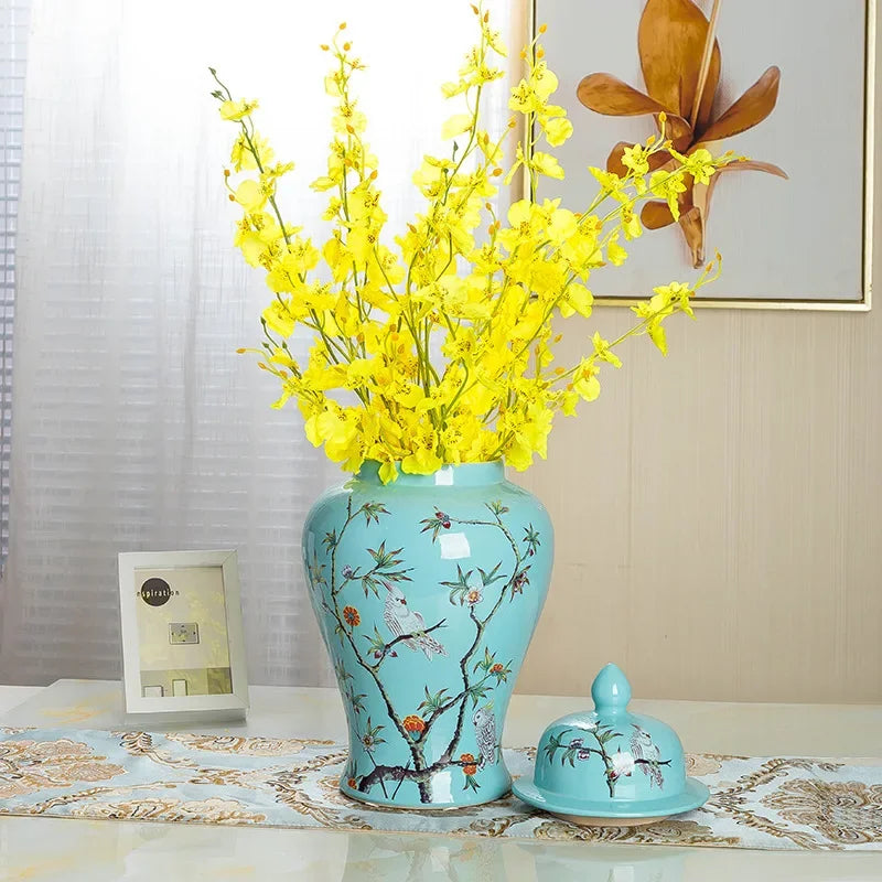 Large Floor Vase Blue 18 Inche Flower And Bird Print Temple Jars For Home Decor Chinese Porcelain Vase Flower Arrangement Heig