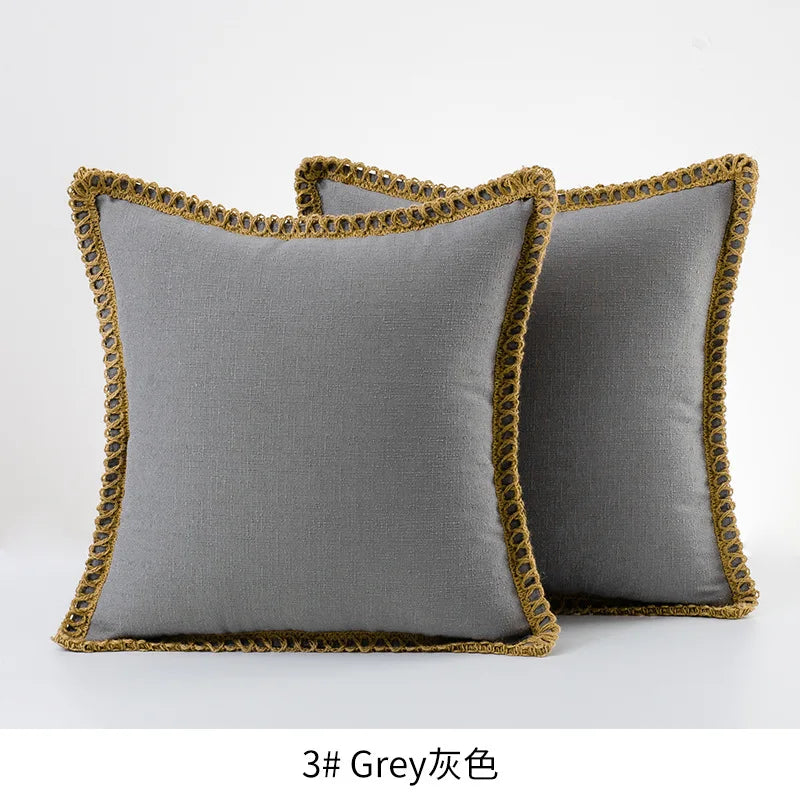 Solid Color Cotton Linen Pillow Cover with Jute Rope Trim Boho Decorative 45x45cm Cushion Pillow Case for Sofa Bed Living Room