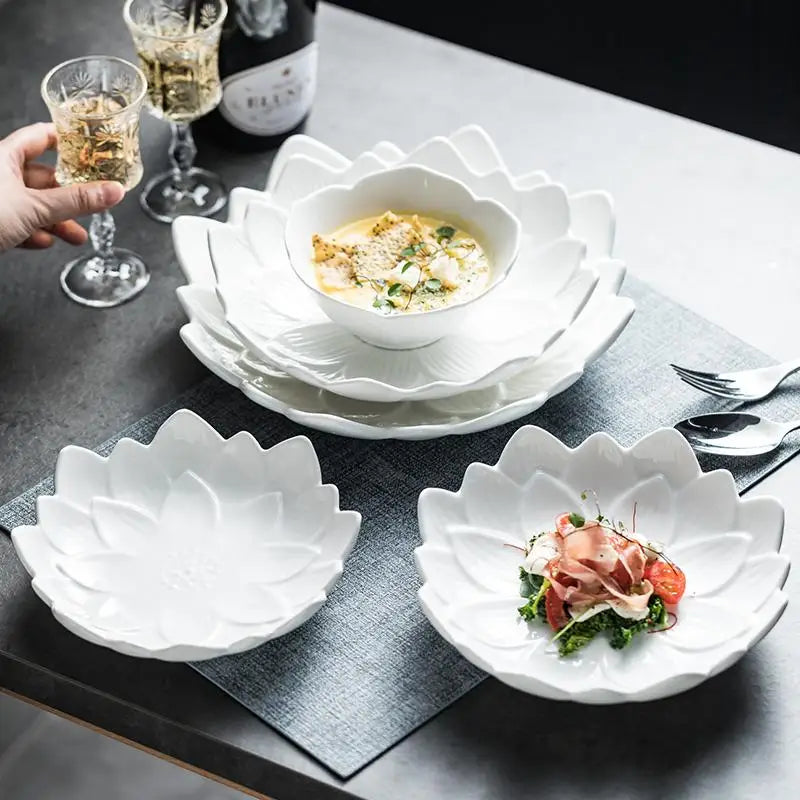 Chinese Lotus-like Ceramic Western Food Dish Household White Fruit Salad Bowl Dessert Plate Creative Restaurant Specialtableware