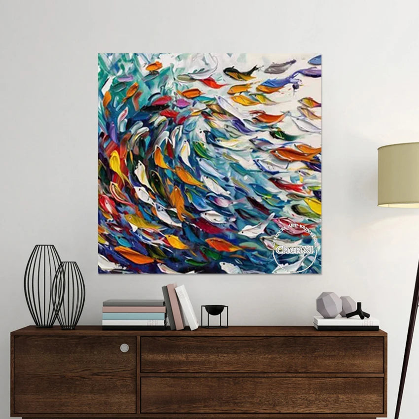 Modern Style Abstract Fish Art Wall Colorful Acrylic Design Textured Paintings Frameless Canvas Artwork Picture Wholesale Cheap