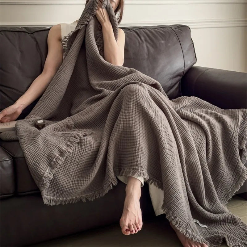 Cotton six layer wrinkled yarn fringe blanket for office nap, sofa cover blanket, high-end feeling pure cotton shawl blanket