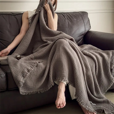 Cotton six layer wrinkled yarn fringe blanket for office nap, sofa cover blanket, high-end feeling pure cotton shawl blanket
