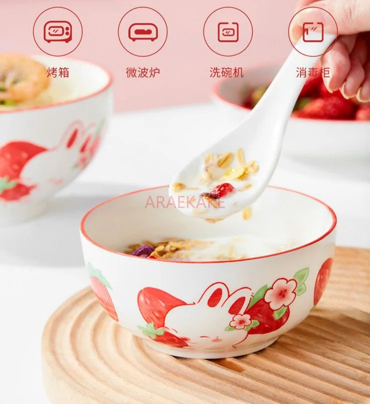 Strawberry and rabbit tableware set, underglaze color household ceramic cute rice bowls and plates