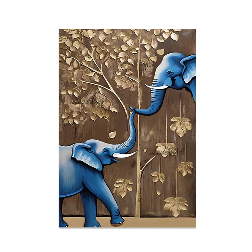 Elephant Design Animal Oil Paintings, No Framed, Gold Foil Textured Abstract Landscape Art Picture, Canvas Wall, High Qualitye