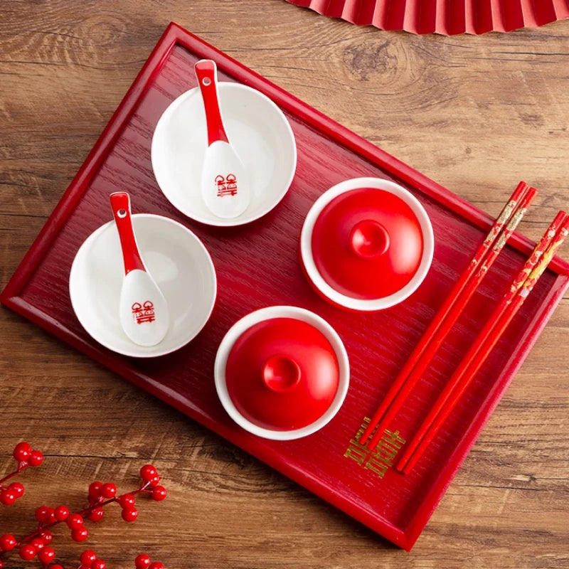 Chinese Wedding Tableware Set Joyful Red Ceramic Bowls Spoons Teacups Chopsticks Tray Wedding Supplies Gifts