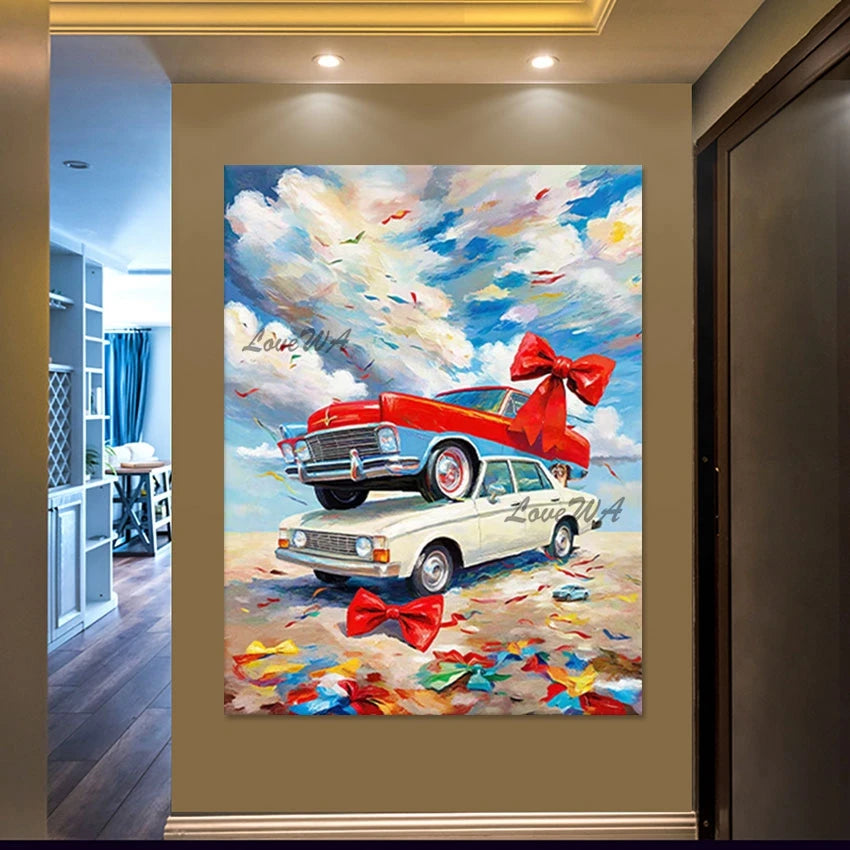 3d Car Landscape Art Picture Cartoon Oil Paintings Frameless Bright In Colour Design Abstract Canvas Wall Decoration Piece