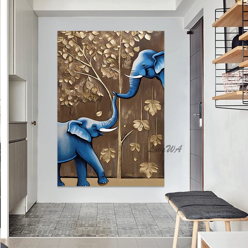 Elephant Design Animal Oil Paintings, No Framed, Gold Foil Textured Abstract Landscape Art Picture, Canvas Wall, High Qualitye