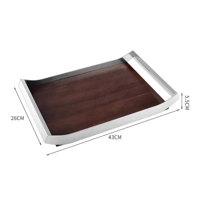 Mirror Stainless Steel Decorative Wooden Tray, Fruit Tray, Rectangular Metal Storage Tray with Handle, Desktop Storage Container