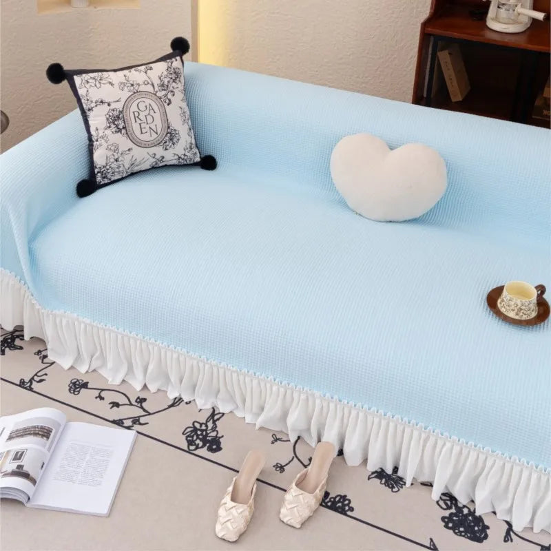 2024 French Country Sofa Cover Patchwork Stretchable Couch Protector Vintage Solid Color Cool Decor Throw Blanket Pleated lace