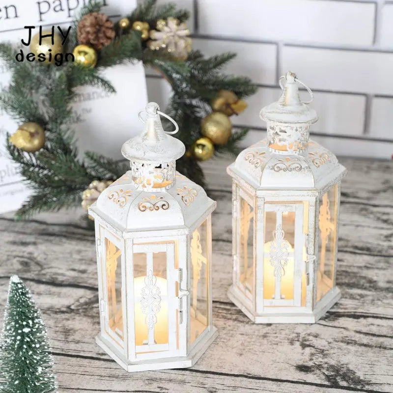 2Pcs Decorative Candle Lanterns Vintage Hanging Lantern Candle Holder Metal Candleholder White with Gold Brush Home Decor