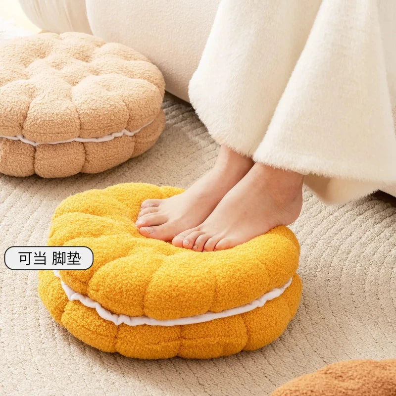 Lamb Wool Biscuit Cushion Cute Cartoon Plush Bolster with Round Sandwich Cookies Home Office Sofa Chair Decorative Pillow