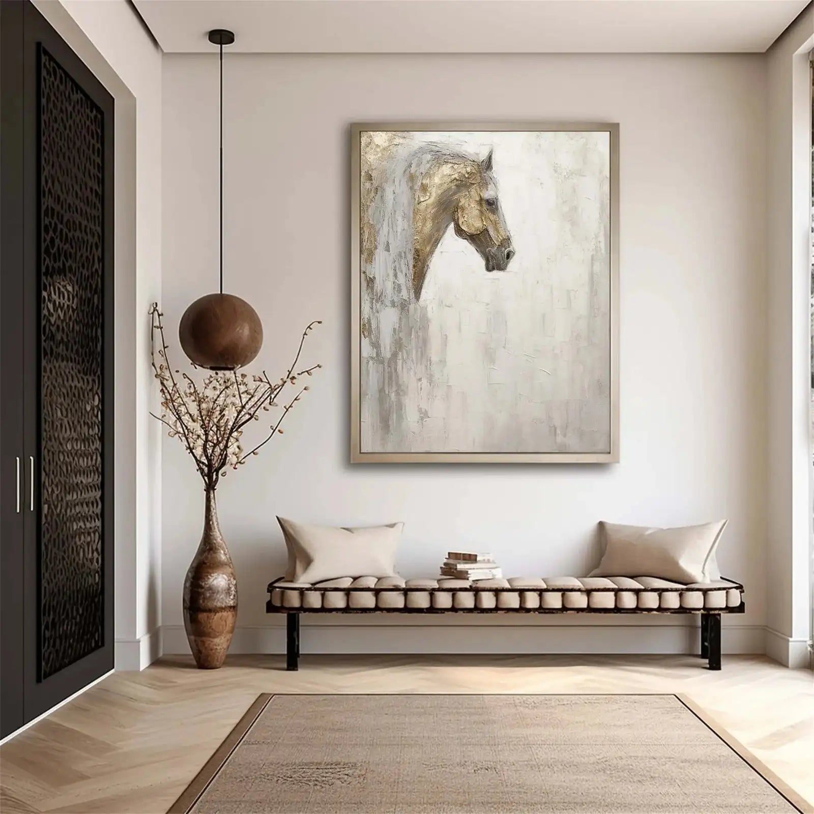 Gold Leaf Horse Picture Dafeng Village Painting 100% Handmade Abstract Oil Painting Canvas Wall Art For Home Decoration Unframed
