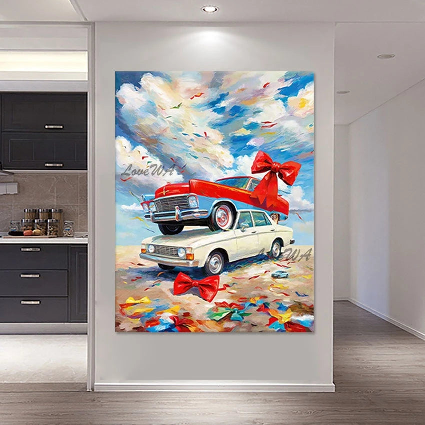 3d Car Landscape Art Picture Cartoon Oil Paintings Frameless Bright In Colour Design Abstract Canvas Wall Decoration Piece