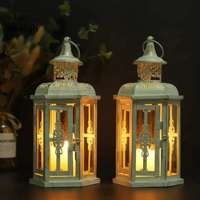 2Pcs Decorative Candle Lanterns Vintage Hanging Lantern Candle Holder Metal Candleholder White with Gold Brush Home Decor