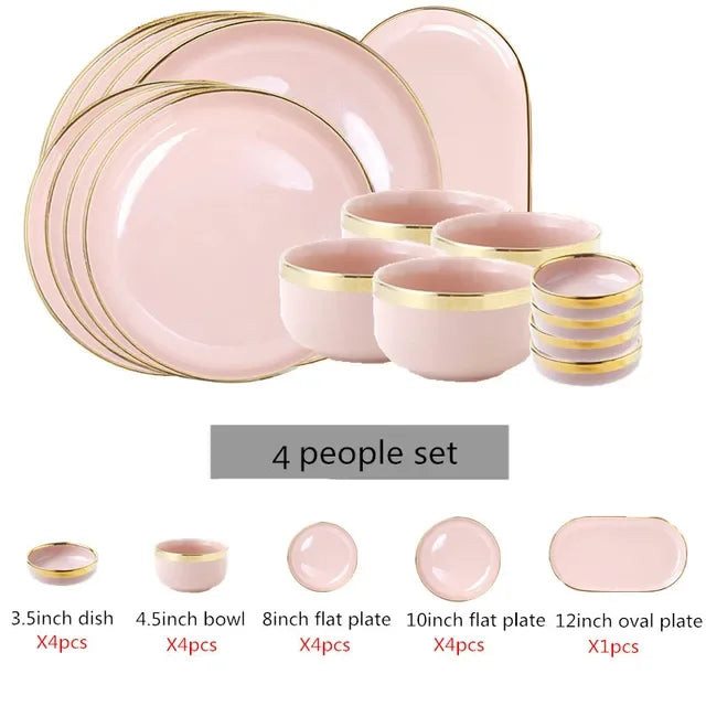 Bright White And Pink With Gold Porcelain Plates Kitchen Dinner Plate Set Ceramics Food Dishes Salad Noodles Bowl